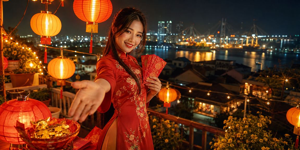 Không khí lễ hội chợ đêm Hải Phòng với biểu tượng phong bao đỏ thưởng và cược trực tuyến