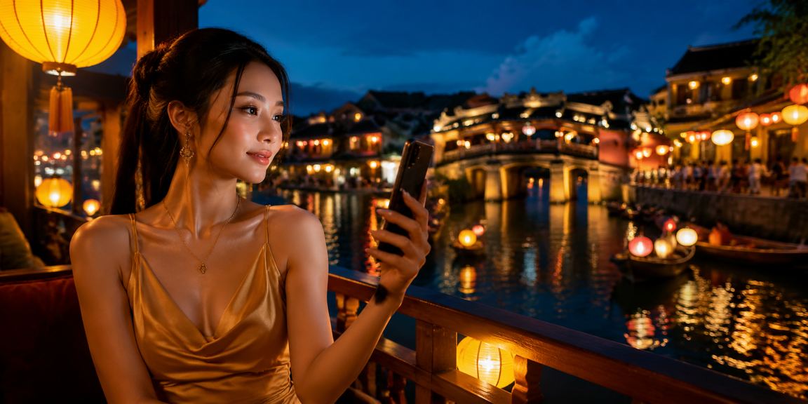 Người chơi xem lịch thi đấu thể thao và esports trên điện thoại tại chợ đêm Hội An